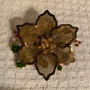 Vintage Kenneth Cole Poinsettia Gold, Green, and Red Floral Brooch